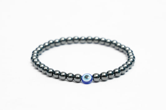 Natural Hematite stretchy Bracelets with an evil eye bead