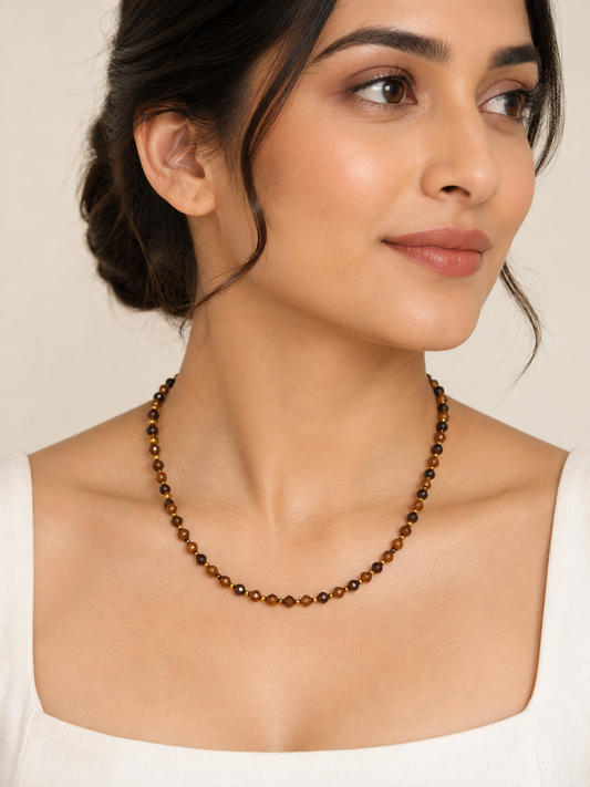 Dainty Faceted Tiger's Eye Necklace - 4mm Natural Gemstones & 18K Gold Plated Chain Anti-Tarnish | Shiny Gold beads