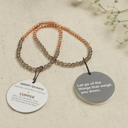 Dainty Copper Bracelet with Faceted Smoky Quartz Beads - Stretchy and Stackable