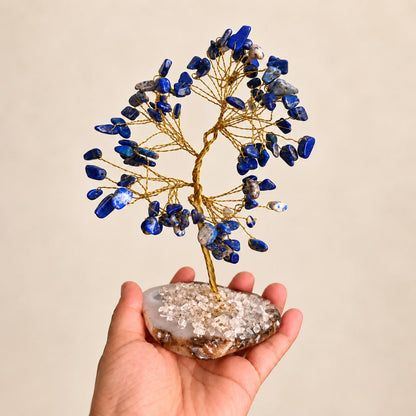 Lapis Lazuli & Agate Golden Wire Crystal Tree – 100 Beads | 7–8 Inch Handmade Tree of Life | Home and Desktop Decor