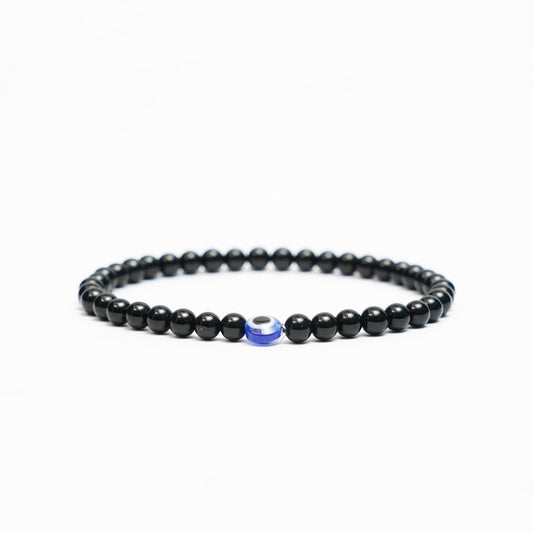 Black Tourmaline Gemstone Stretchy Bracelets with an evil eye bead