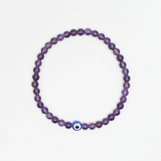 Natural Amethyst stretchy Bracelets with an evil eye bead