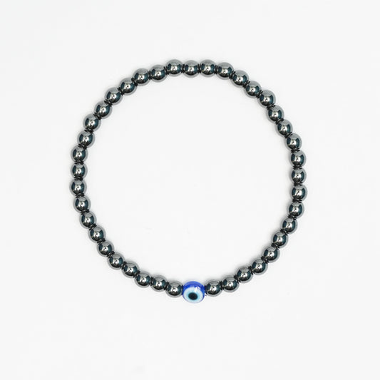 Natural Hematite stretchy Bracelets with an evil eye bead