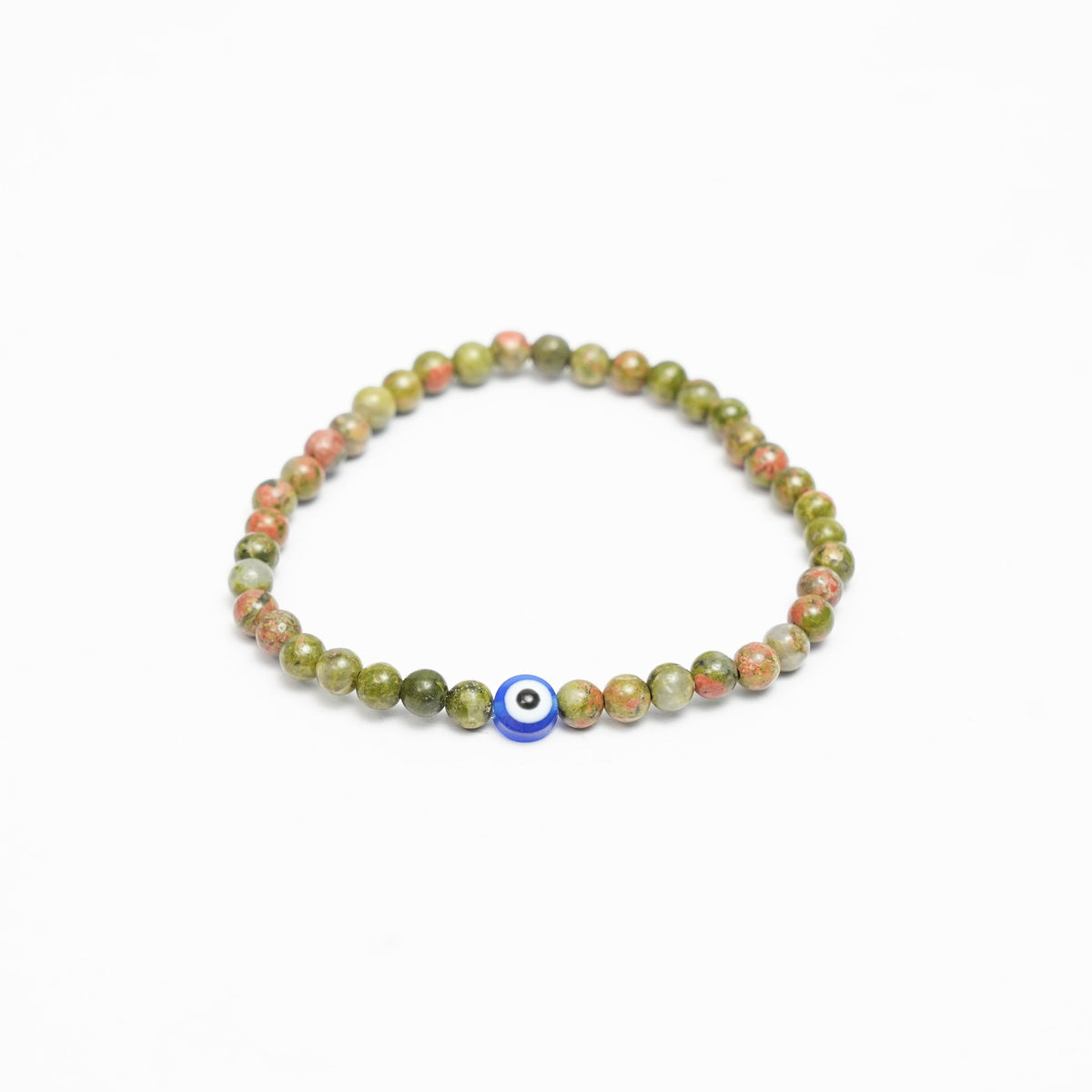 Natural Unakite stretchy Bracelets with an evil eye bead