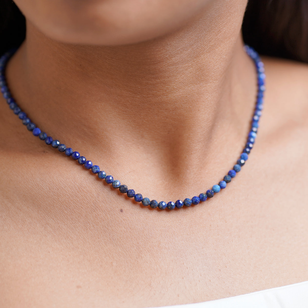 Dainty Faceted Lapis Lazuli Necklace - 4mm Natural Gemstones & Sterling Silver Clasp