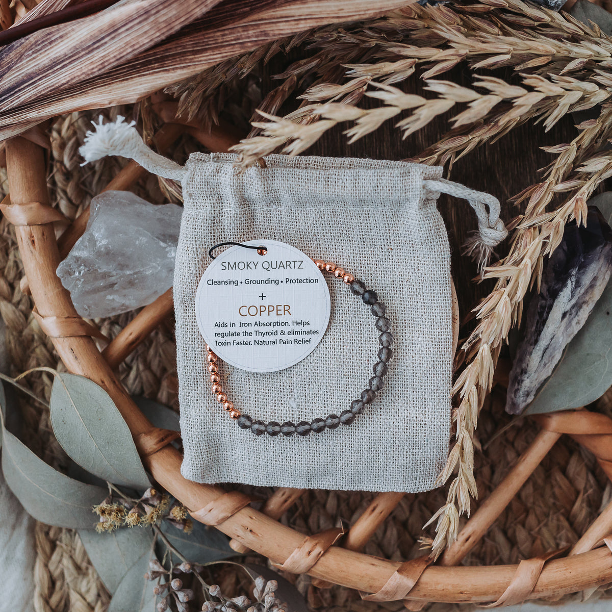 Dainty Copper Bracelet with Faceted Smoky Quartz Beads - Stretchy and Stackable